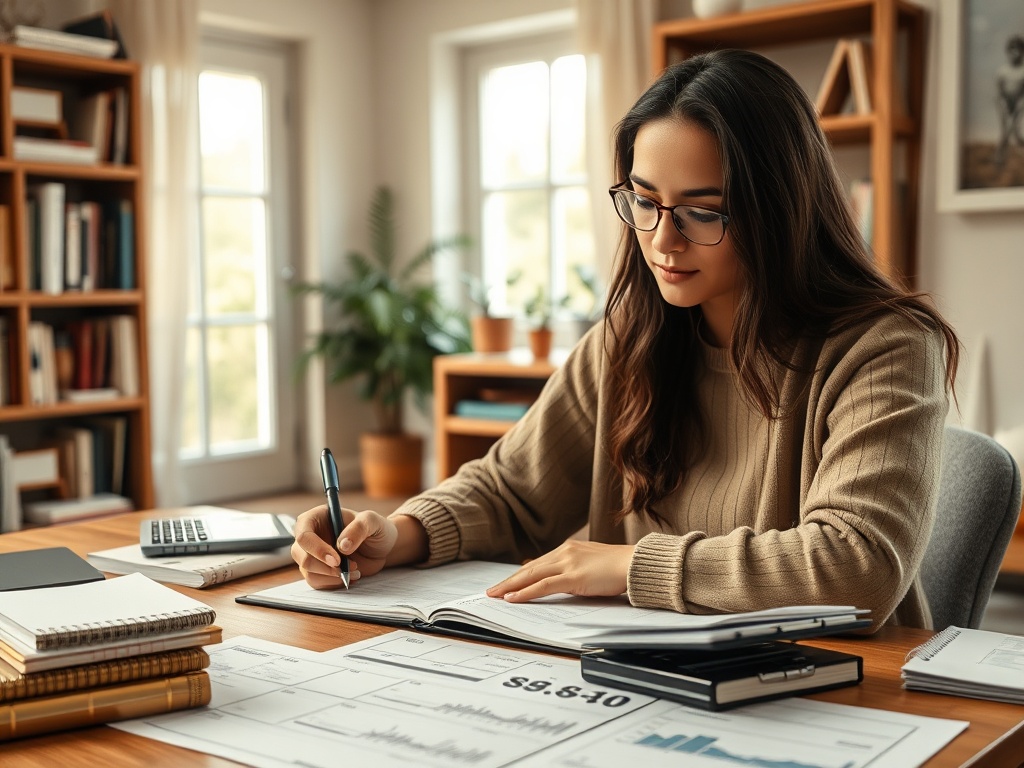 Молодая женщина сидит за столом, пишет в блокноте, окруженная книгами и документами. Офисное пространство.