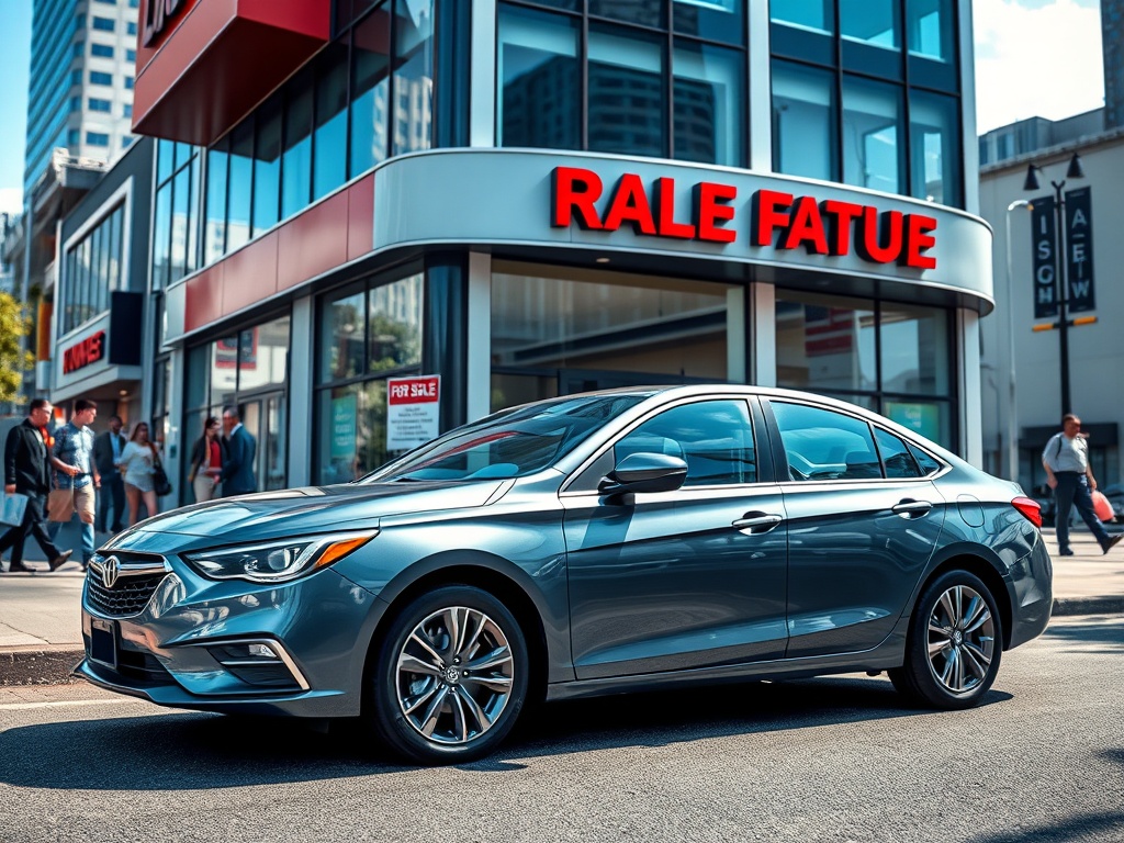 На изображении современный легковой автомобиль на фоне магазина с вывеской "RALE FATE". Горожане проходят мимо.