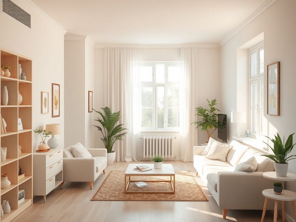 Светлая гостиная с растениями, уютными диванами и стильной мебелью, большой窗子 и мягким светом.