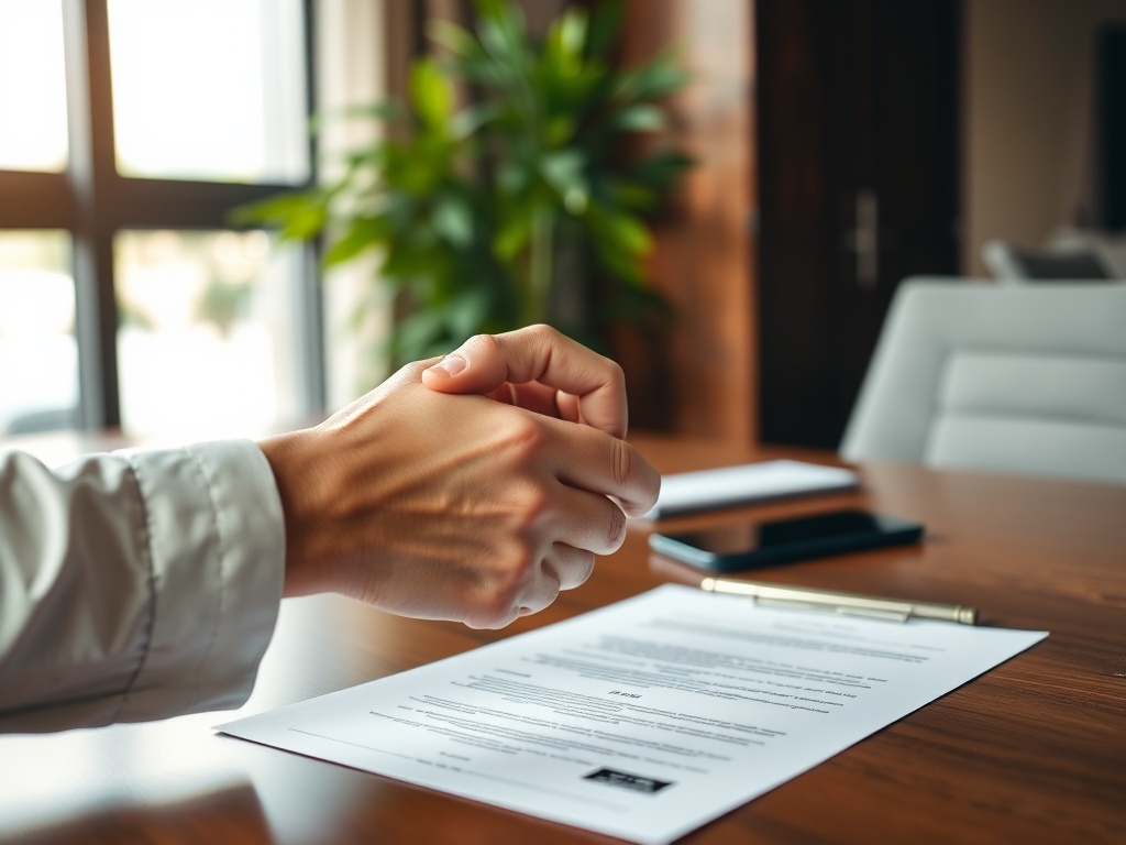 Рука человека сжатая в кулак на столе, рядом документ и мобильный телефон, в фоновом растении.