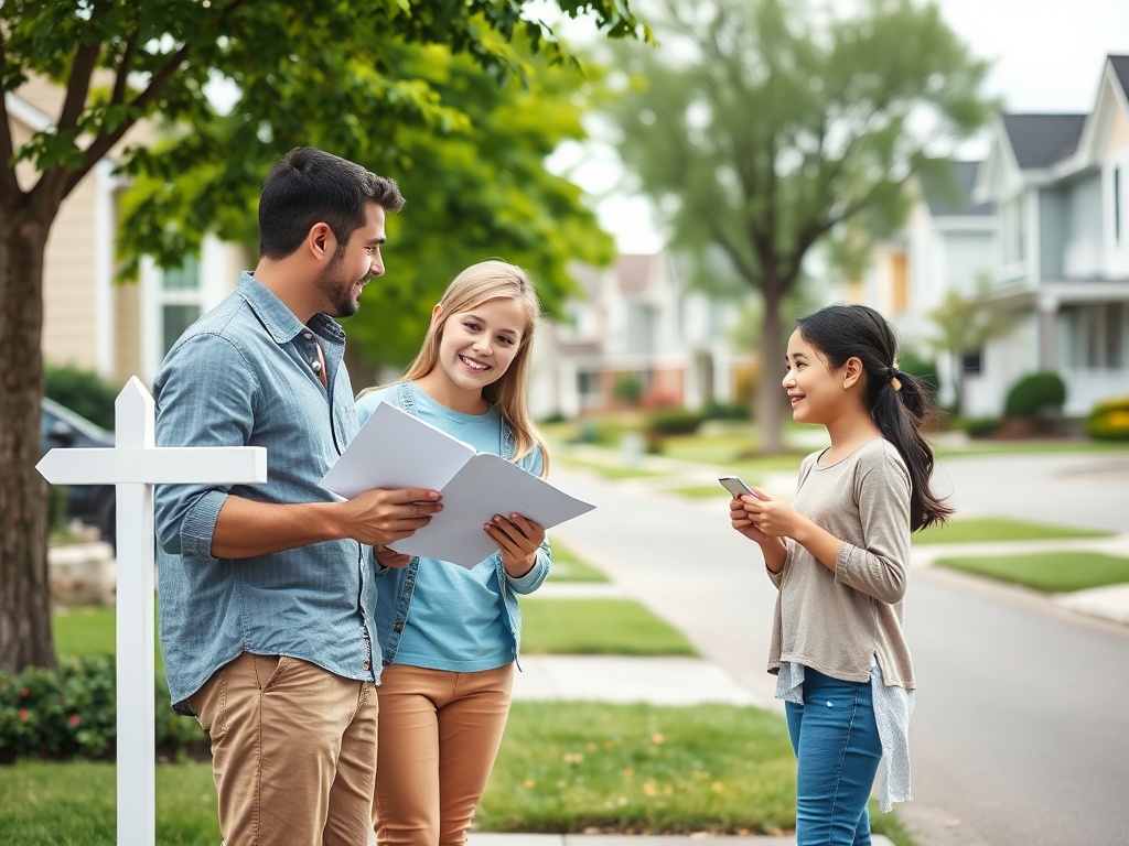 На записи изображены три человека, обсуждающие недвижимость на улице в жилом районе.