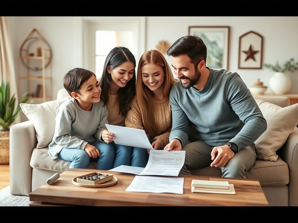 Счастливая семья сидит на диване и смотрит документы, наслаждаясь общением и смехом.