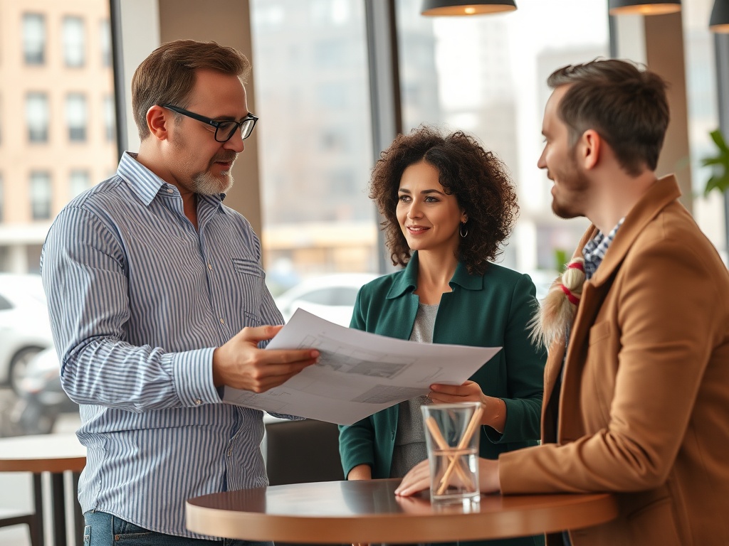 Трое людей обсуждают документы за столом в кафе с большими окнами и современным интерьером.
