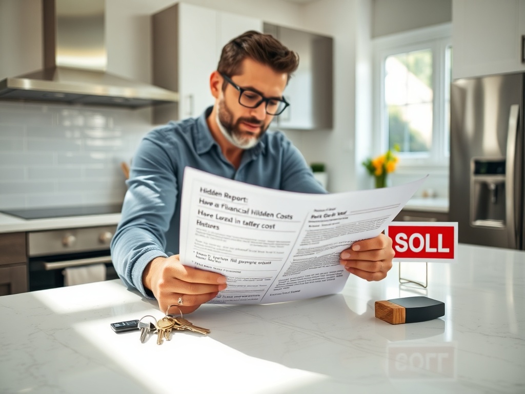 Мужчина читает документы в кухне, на столе ключи и знак "Продано". Светлое помещение с окнами.