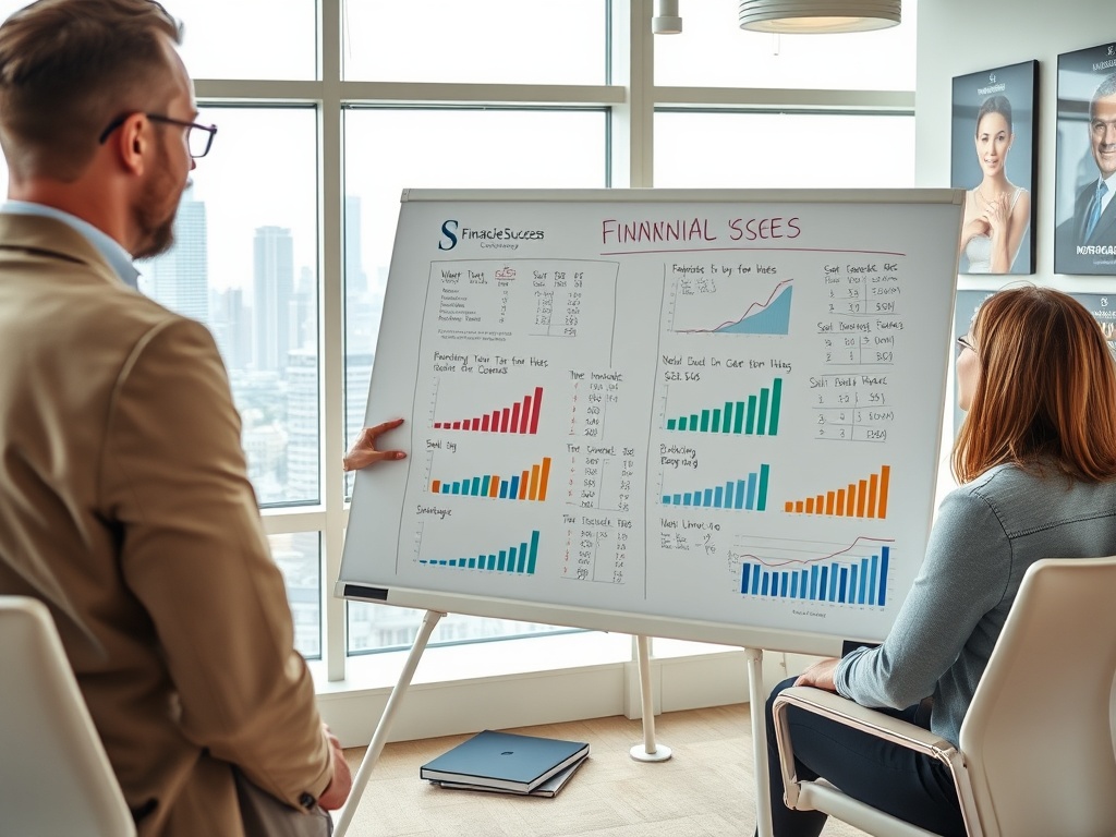 На собрании два человека обсуждают финансовые графики на доске с данными и диаграммами.