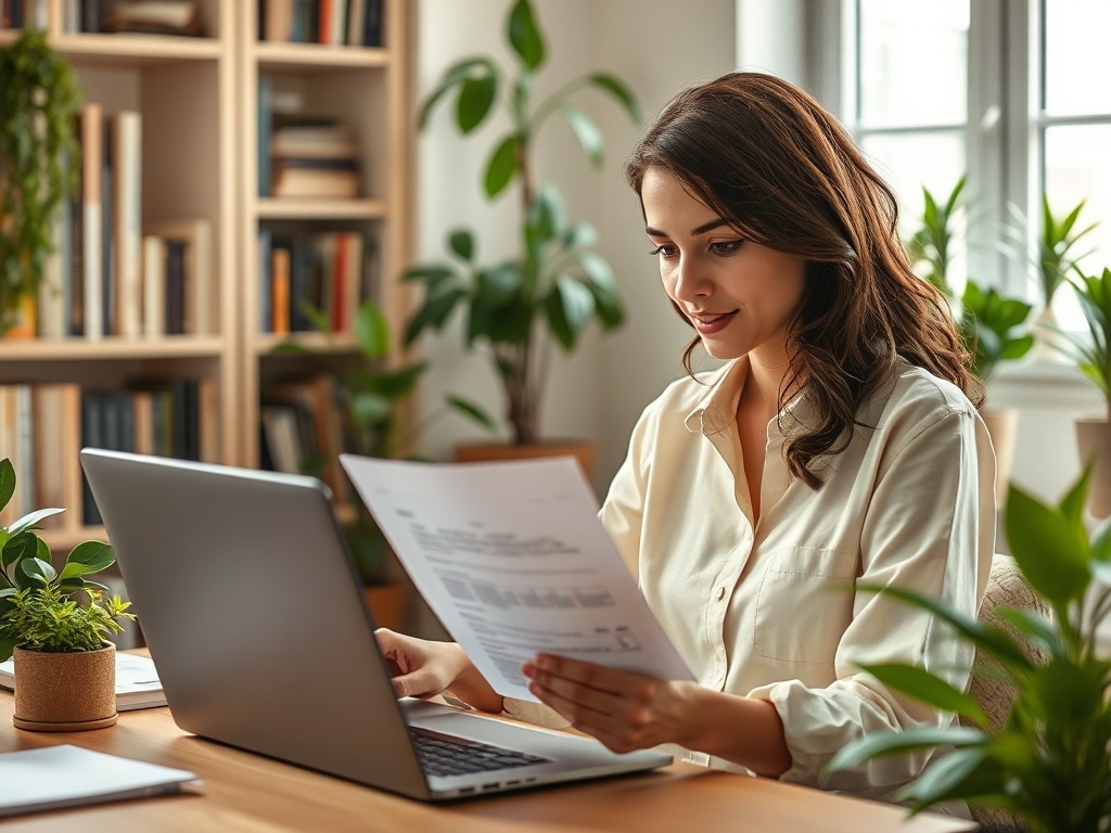 Женщина в светлой рубашке смотрит на документы, сидя за столом с ноутбуком и растениями вокруг.
