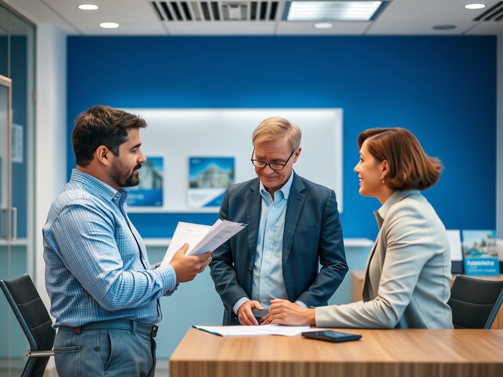 Трое людей обсуждают документы в офисе. На столе бумаги, а на заднем плане - рекламные материалы.