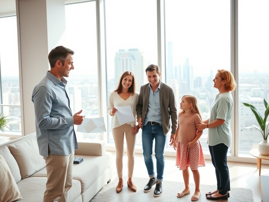 Группа людей в светлой комнате общается и улыбается, смотря на мужчину с письмами в руках.