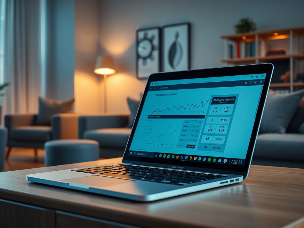Ноутбук на столе с открытым графиком и аналитикой в современном интерьере.